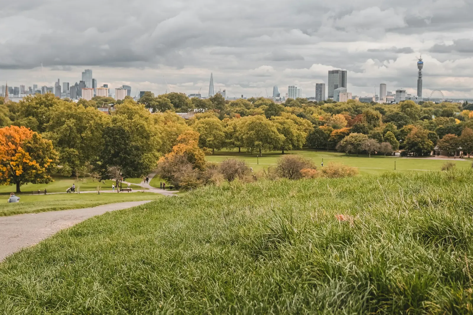 View across Primrose Hill towards central London in autumn
